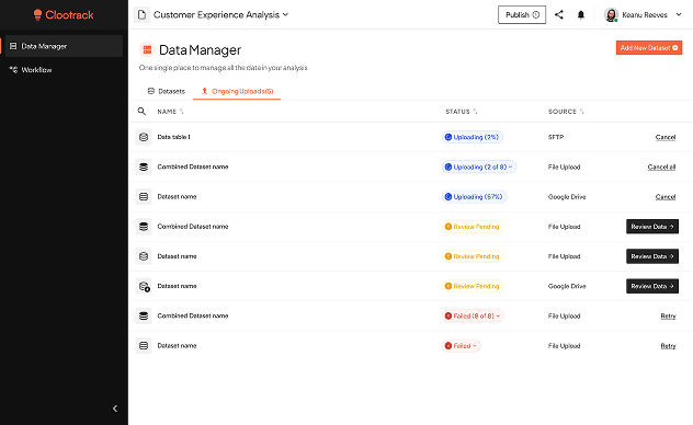 Data Manager dashboard with real-time upload status